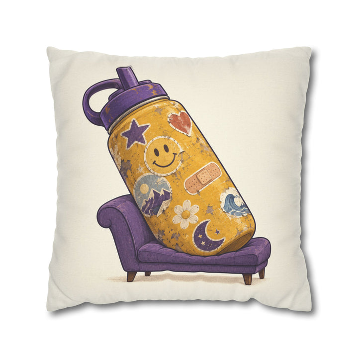 Emotional Support Water Bottle – Funny Wall Art with a Giant Flask on a Therapy Couch – Pillow / Cover
