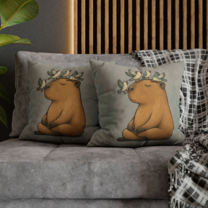 Breathwork – Yoga Decor with a Capybara Amid Landing Birds – Pillow / Cover
