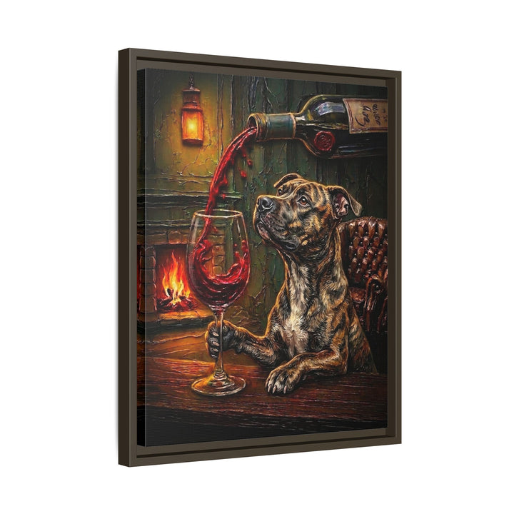 "Wine & Woof" - Pit Bull Vertical Framed Canvas - Dog Lover Wall Art