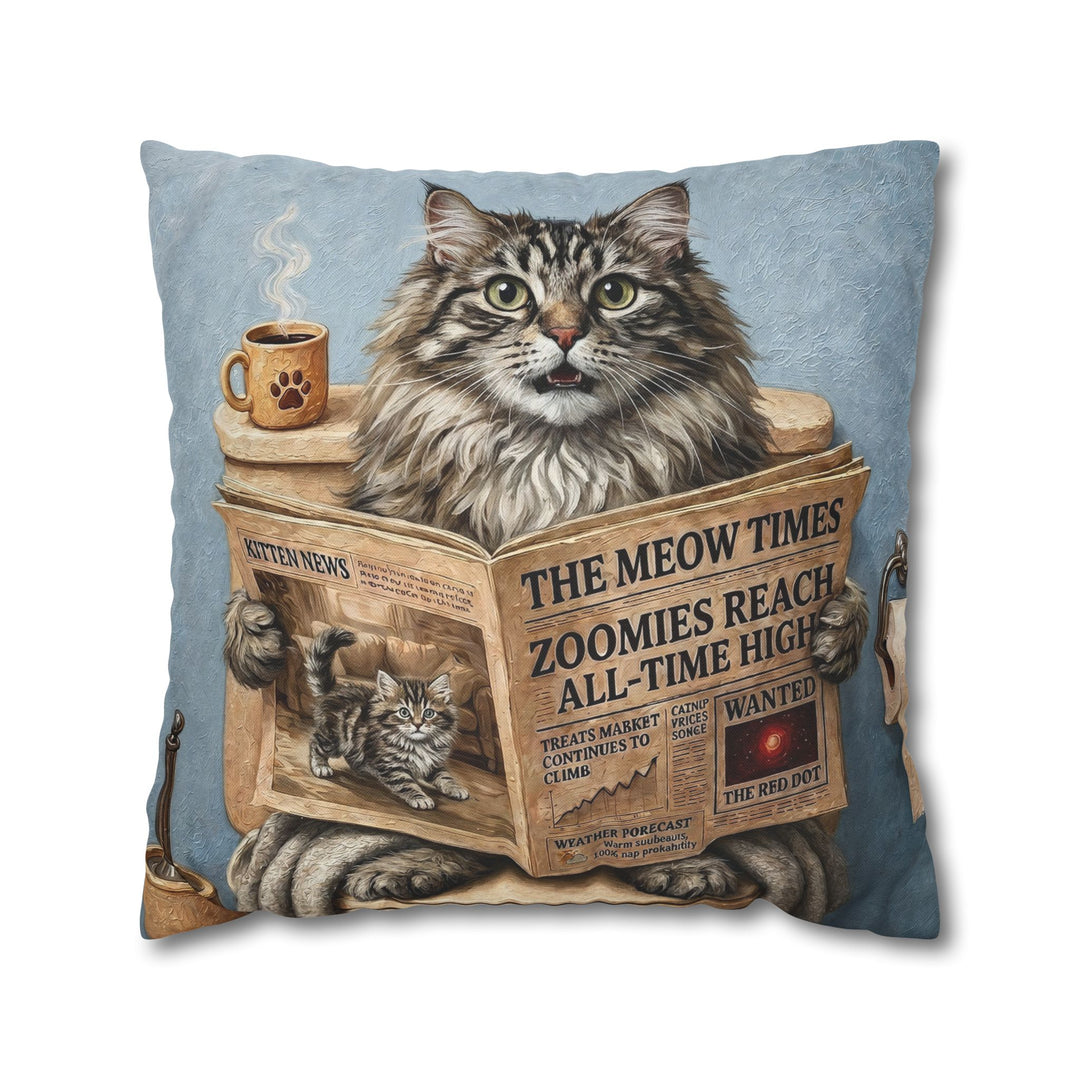 "Morning Business" - Fluffy Tabby Longhair Throw Pillow - Cat Lover Home Decor