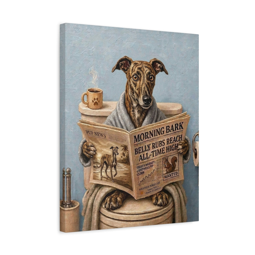 Greyhound on the Toilet Funny Bathroom Art, Newspaper Reading Dog Print, Canvas or Framed Wall Art