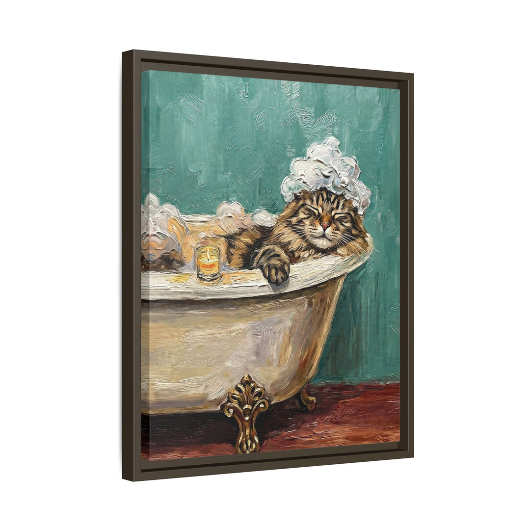 "Spa Day" - Fluffy Tabby Longhair Vertical Framed Canvas - Cat Lover Wall Art