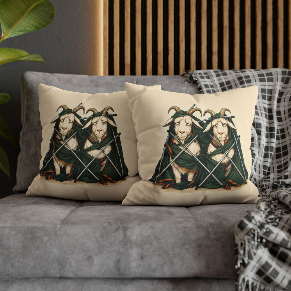 Tent Setup, Hour Three – Outdoor Wall Art with Two Goats Tangled in Poles – Pillow / Cover