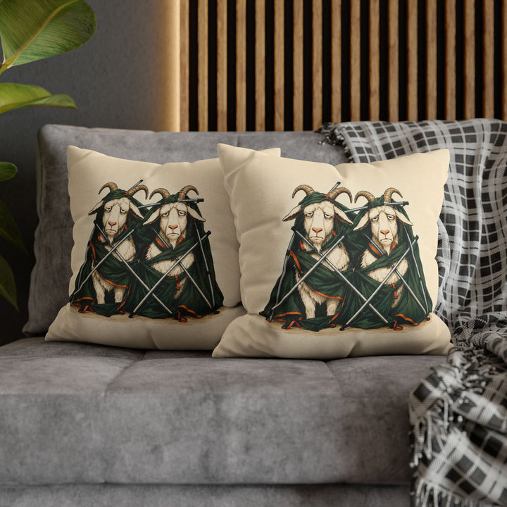 Tent Setup, Hour Three – Outdoor Wall Art with Two Goats Tangled in Poles – Pillow / Cover