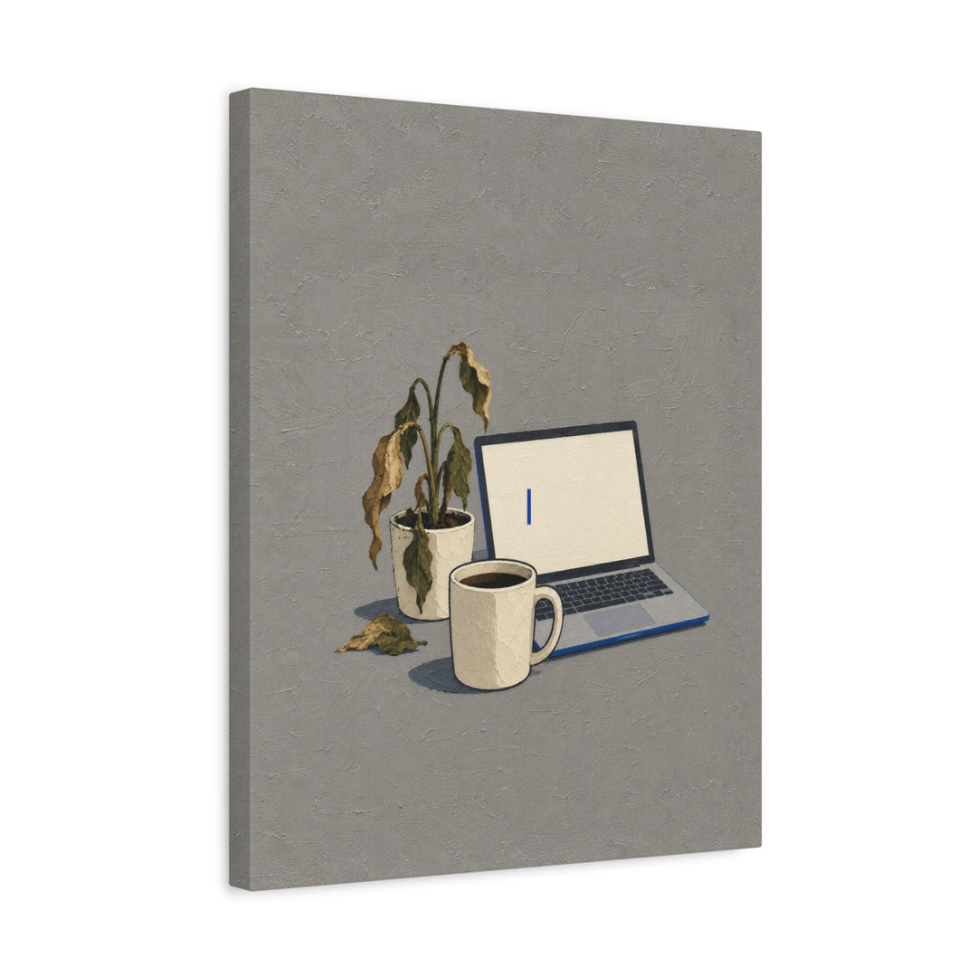 Monday: A Still Life – Funny Office Decor with Cold Coffee and a Dead Plant – Canvas / Framed Canvas