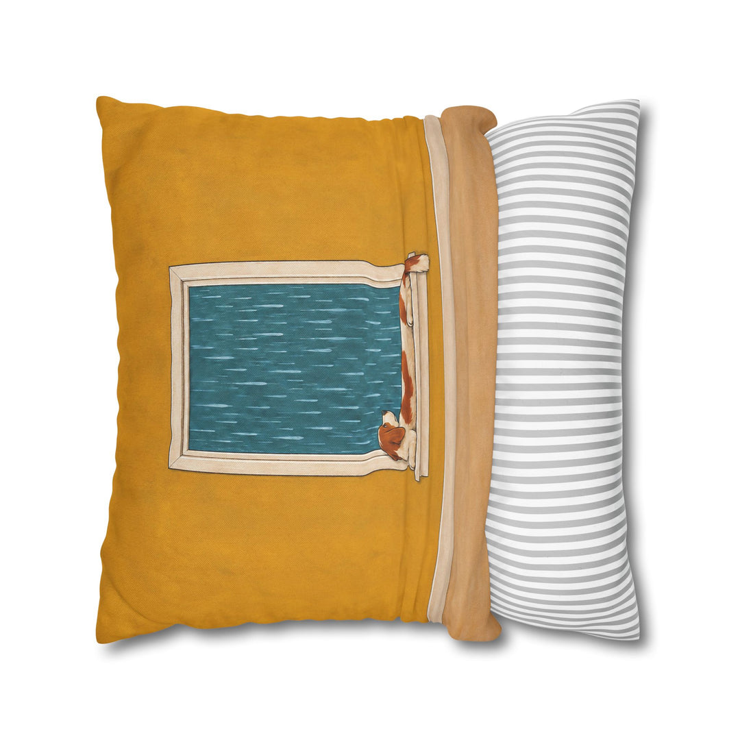 Rainy Day Watch – Dog Wall Art with a Long Dog on the Windowsill – Pillow / Cover