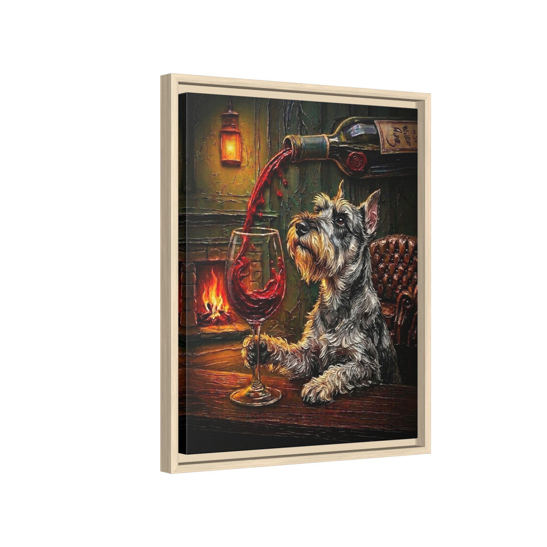 "Wine & Woof" - Schnauzer Vertical Framed Canvas - Dog Lover Wall Art