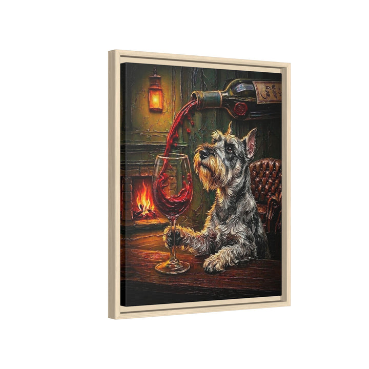 "Wine & Woof" - Schnauzer Vertical Framed Canvas - Dog Lover Wall Art