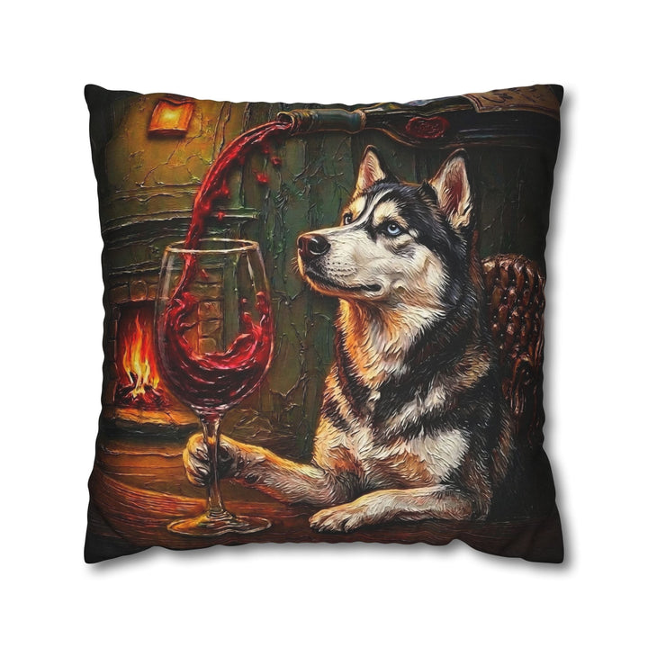 "Wine & Woof" - Husky Throw Pillow - Dog Lover Home Decor