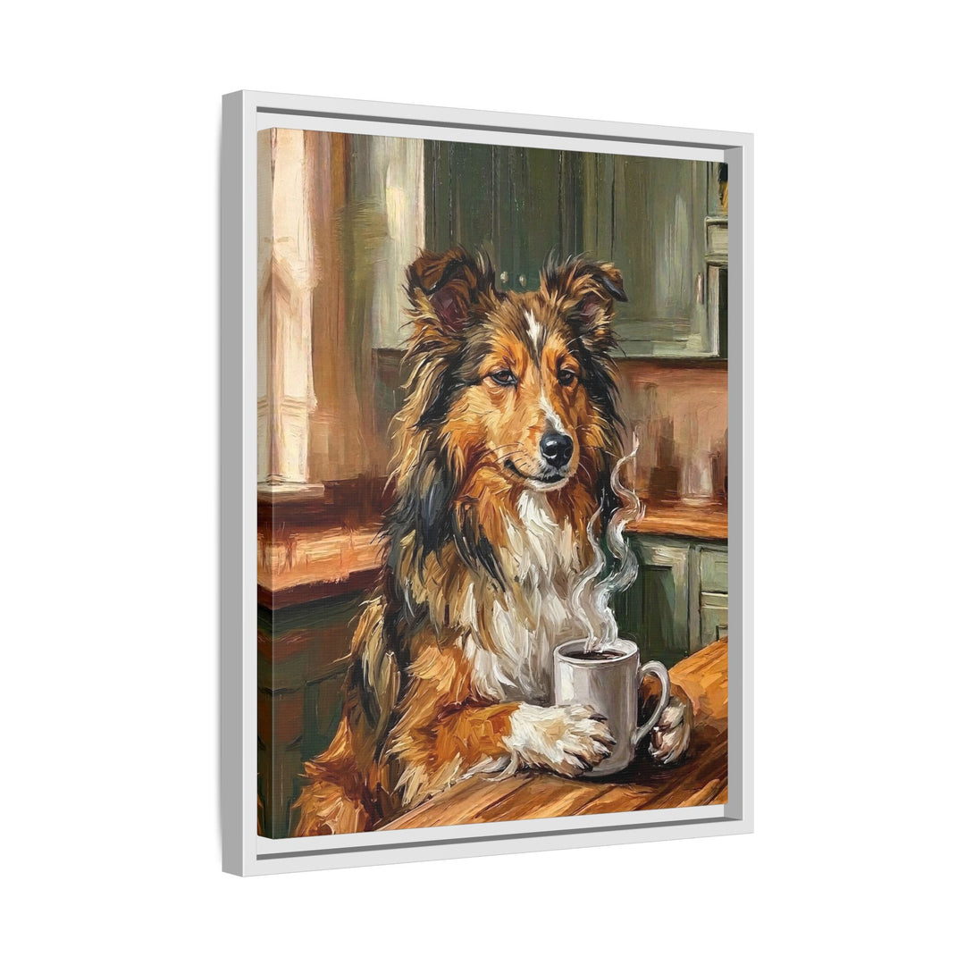 "Before Coffee" - Shetland Sheepdog Vertical Framed Canvas - Dog Lover Wall Art