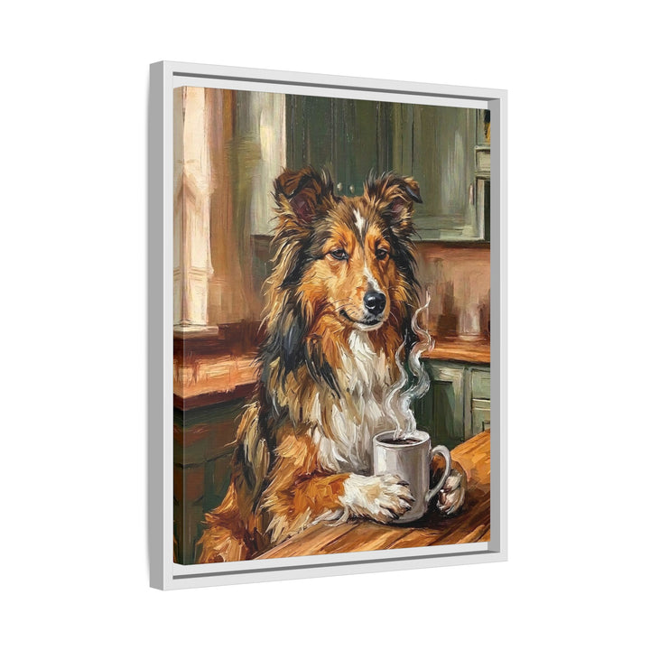 "Before Coffee" - Shetland Sheepdog Vertical Framed Canvas - Dog Lover Wall Art
