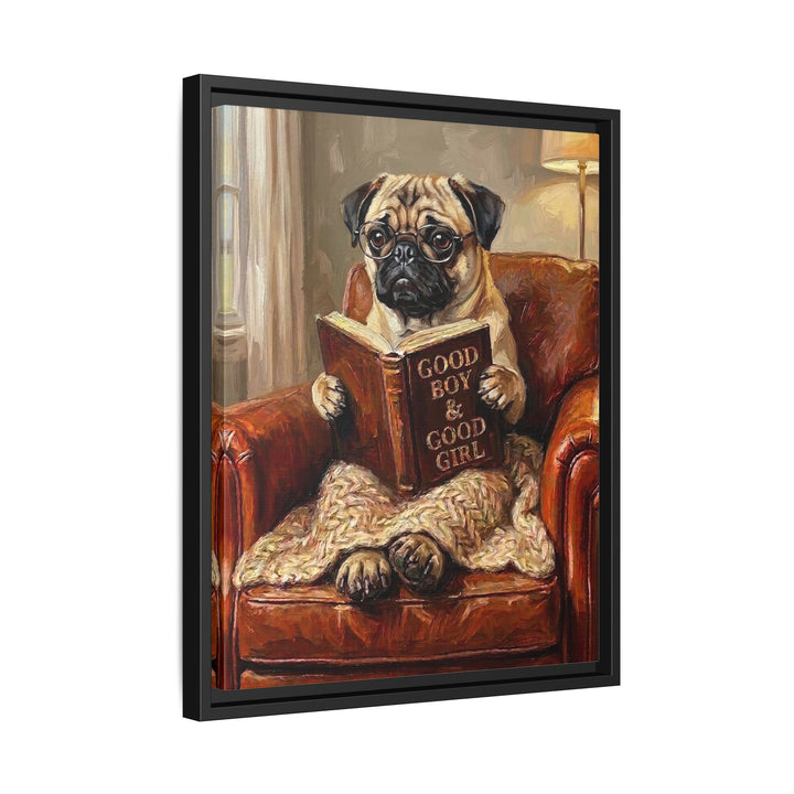 "Evening Read" - Pug Vertical Framed Canvas - Dog Lover Wall Art