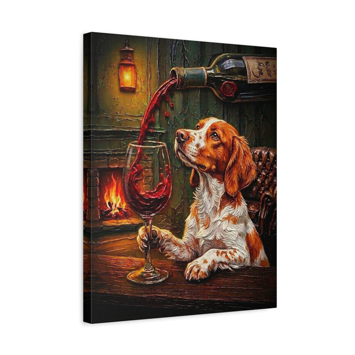 "Wine & Woof" - Brittany Spaniel Vertical Canvas - Dog Lover Wall Art