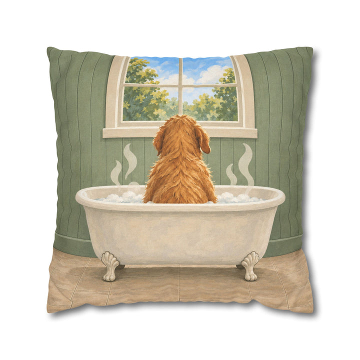 The Sunday Soak – Dog Bathroom Art with a Back View in a Clawfoot Tub – Pillow / Cover