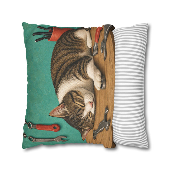 Shop Cat – Garage Wall Art with a Sleeper on the Workbench – Pillow / Cover