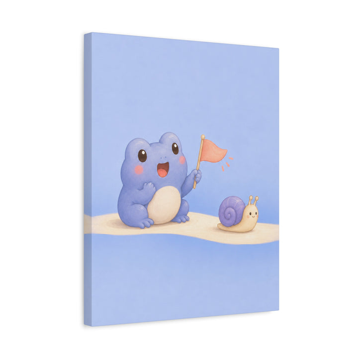 The Tiny Cheer – Kawaii Room Decor with a Frog Cheering a Snail – Canvas / Framed Canvas