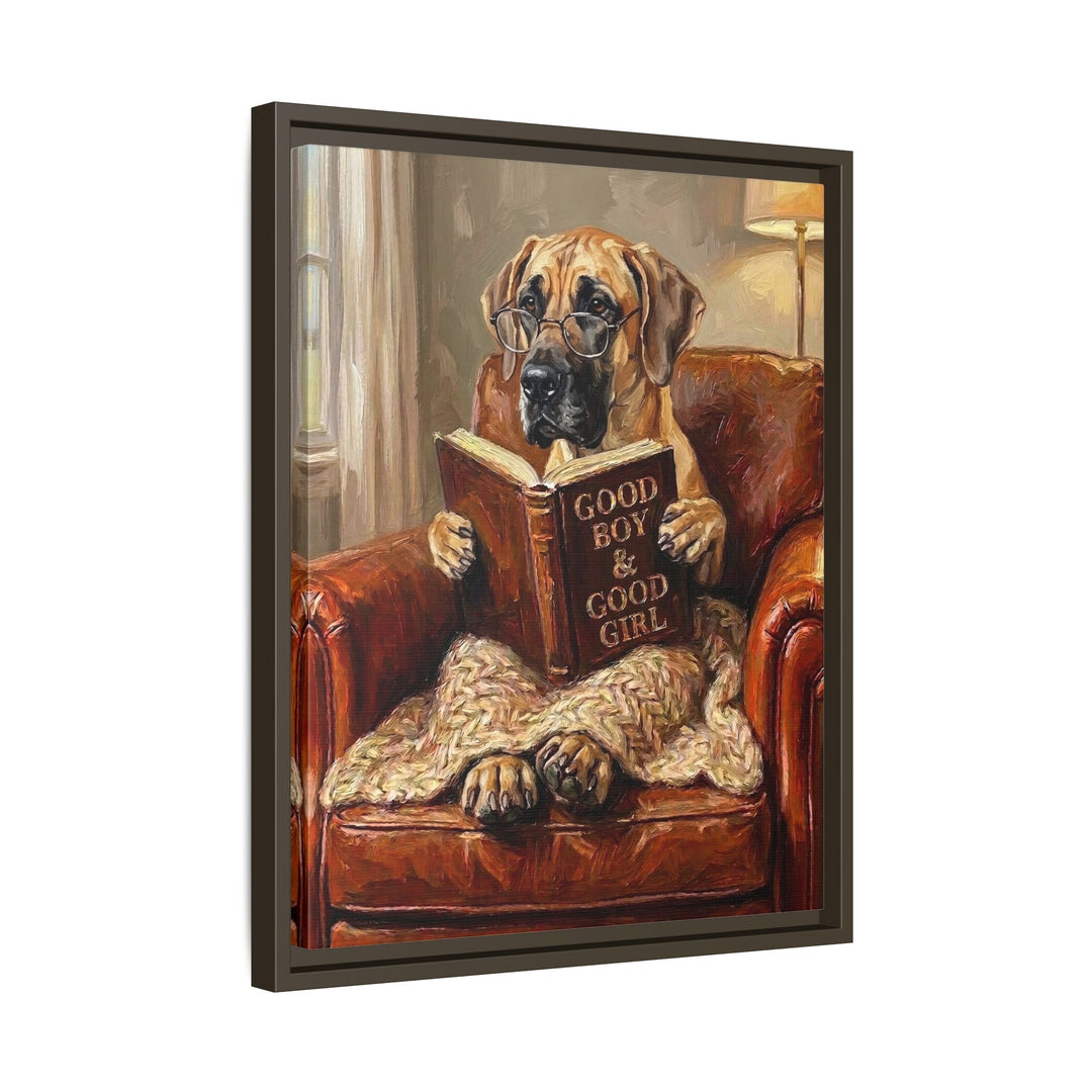 "Evening Read" - Great Dane Vertical Framed Canvas - Dog Lover Wall Art