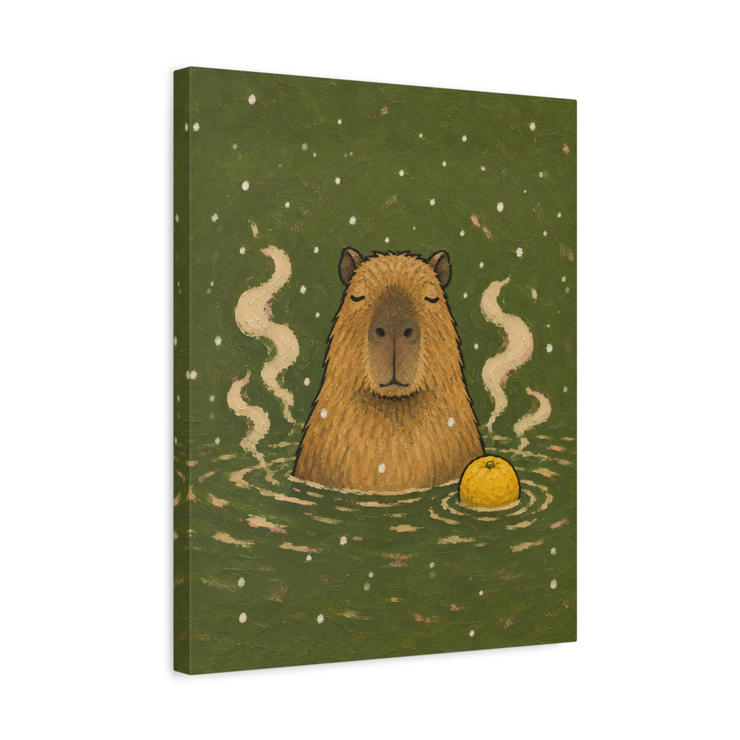 Onsen Master – Capybara Art with a Steaming Hot Spring and Snow – Canvas / Framed Canvas