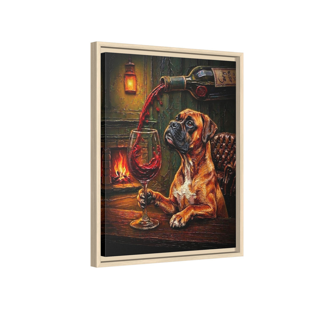 "Wine & Woof" - Boxer Vertical Framed Canvas - Dog Lover Wall Art