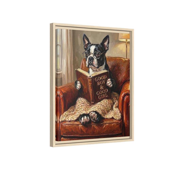 "Evening Read" - Boston Terrier Vertical Framed Canvas - Dog Lover Wall Art