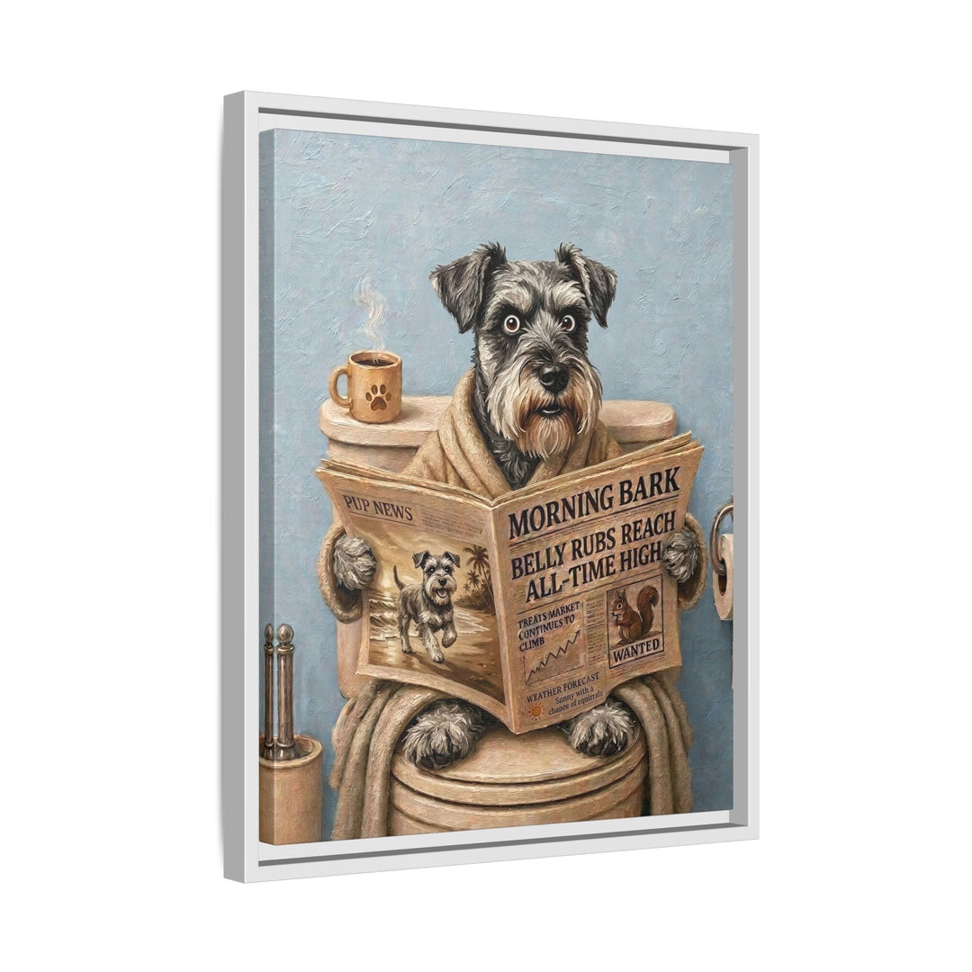 "Morning Business" - Schnauzer Vertical Framed Canvas - Dog Lover Wall Art