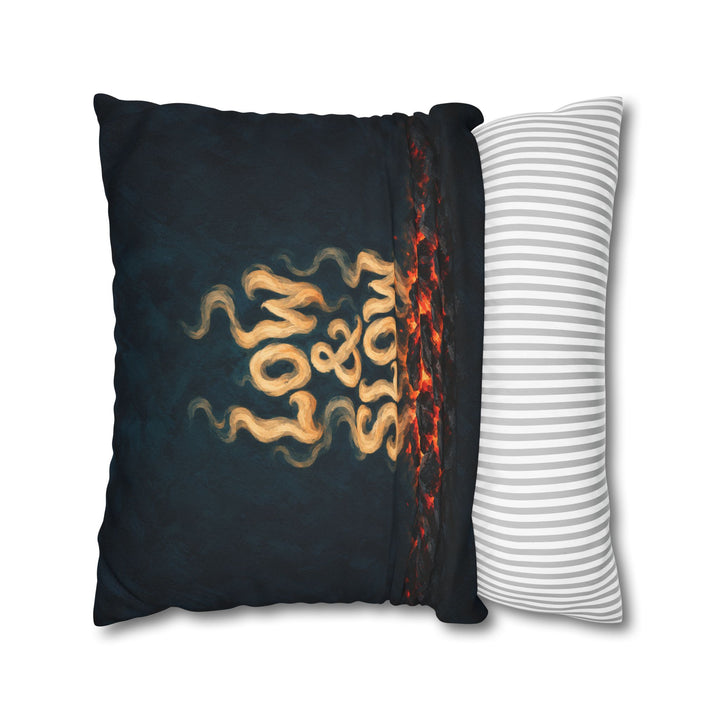 Low & Slow – Grill Art with Smoke Curl Lettering Over Embers – Pillow / Cover