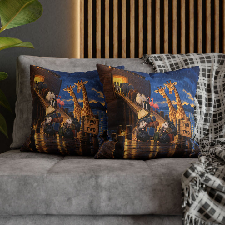 Two by Two – Noahs Ark Wall Art with a Gangway Queue in Evening Rain – Pillow / Cover