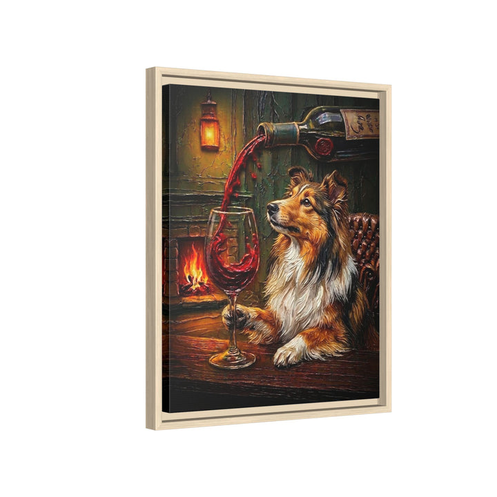 "Wine & Woof" - Shetland Sheepdog Vertical Framed Canvas - Dog Lover Wall Art