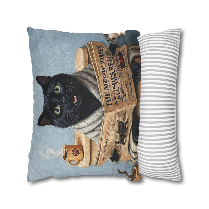 "Morning Business" - Black Pillow Cover - Cat Lover Home Decor
