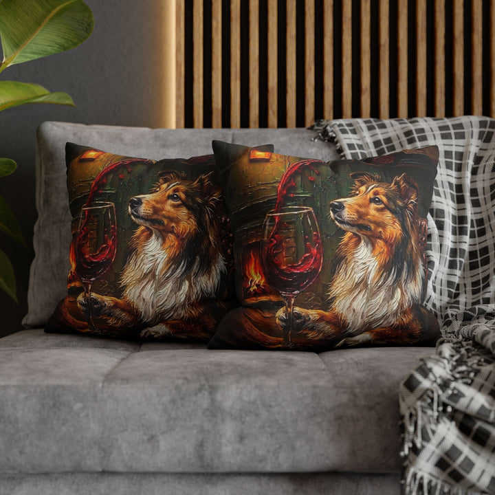 "Wine & Woof" - Shetland Sheepdog Throw Pillow - Dog Lover Home Decor