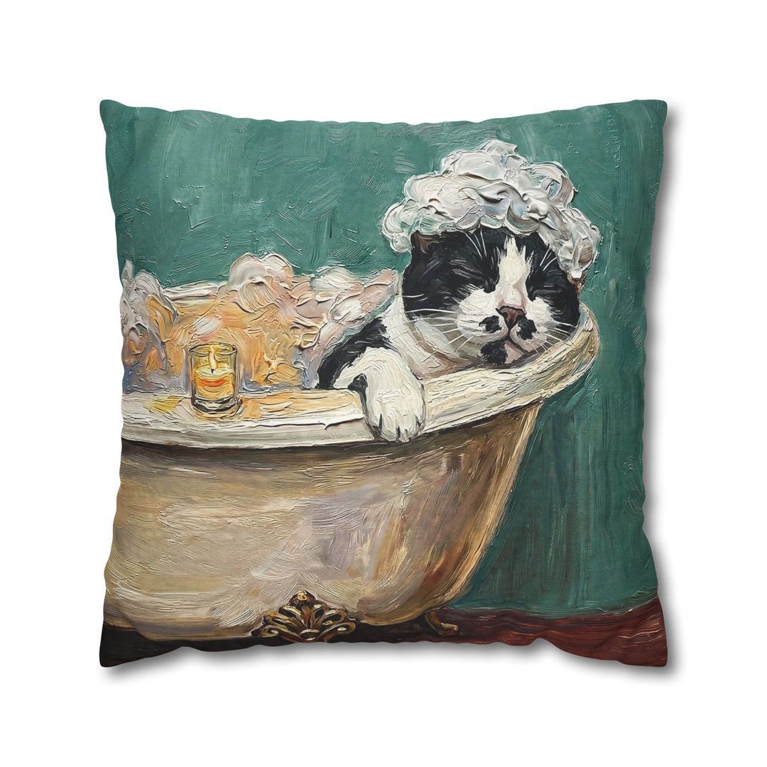 "Spa Day" - Black & White Bicolor Throw Pillow - Cat Lover Home Decor