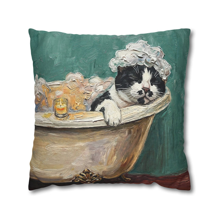 "Spa Day" - Black & White Bicolor Throw Pillow - Cat Lover Home Decor