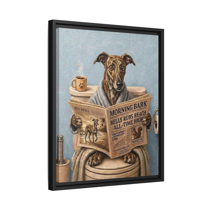 "Morning Business" - Greyhound Vertical Framed Canvas - Dog Lover Wall Art