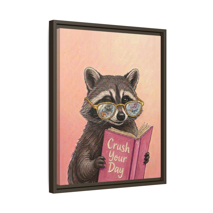 "Crush Your Day" - Raccoon Vertical Framed Canvas - Animal Book Humor Wall Art