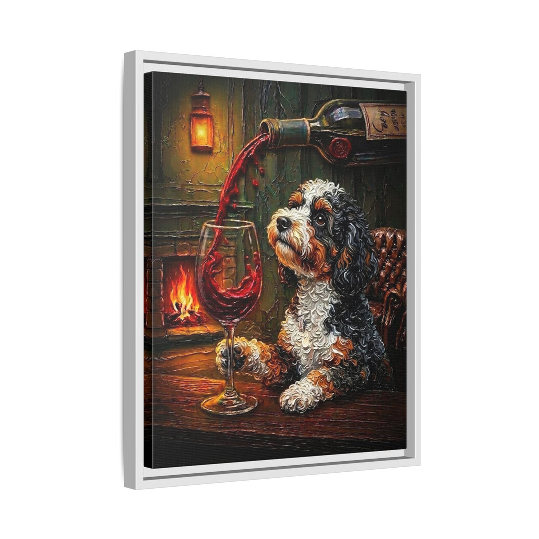 "Wine & Woof" - Bichon Frise Vertical Framed Canvas - Dog Lover Wall Art