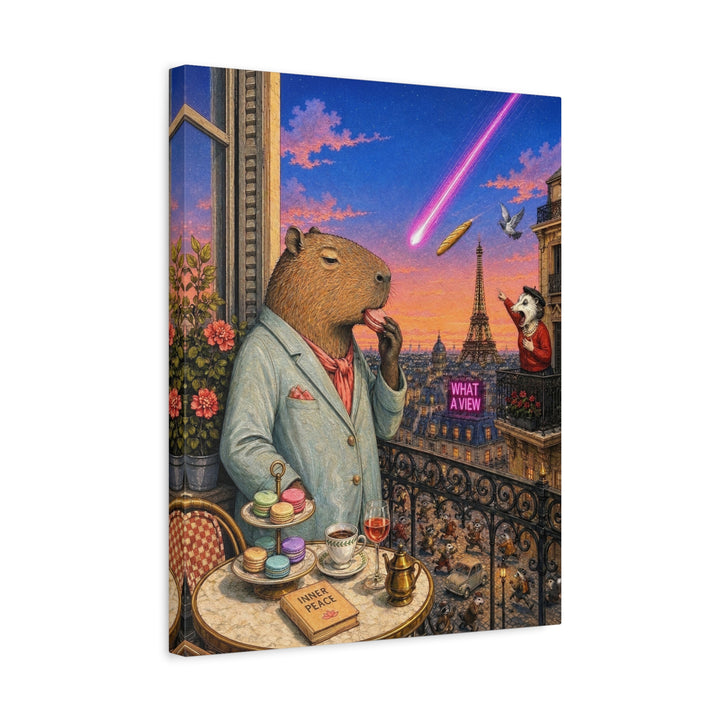"What a View" - Capybara Vertical Canvas - Dark Burnout Humor Wall Art