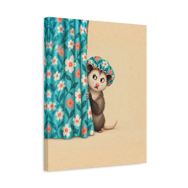 Shower Cap Society – Funny Bathroom Decor with a Startled Opossum – Canvas / Framed Canvas