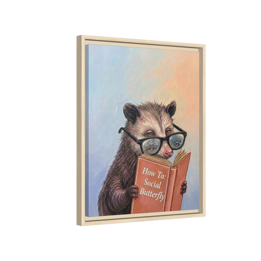 "How To Social Butterfly" - Opossum Vertical Framed Canvas - Animal Book Humor Wall Art
