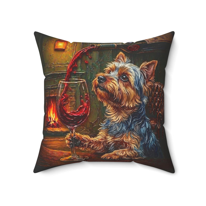"Wine & Woof" - Yorkie Throw Pillow - Dog Lover Home Decor
