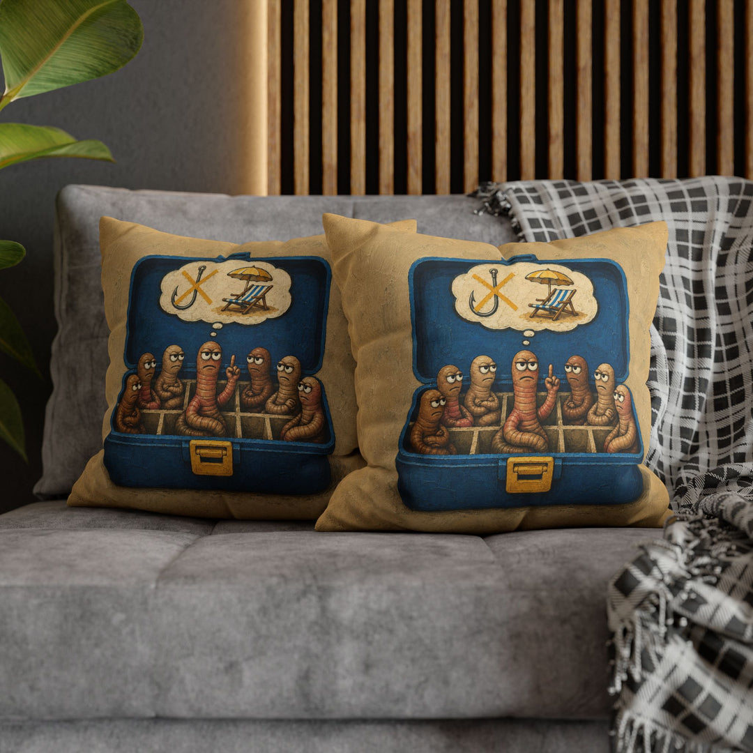 Worm Union Meeting – Fishing Art with Bait Worms Holding a Strike – Pillow / Cover