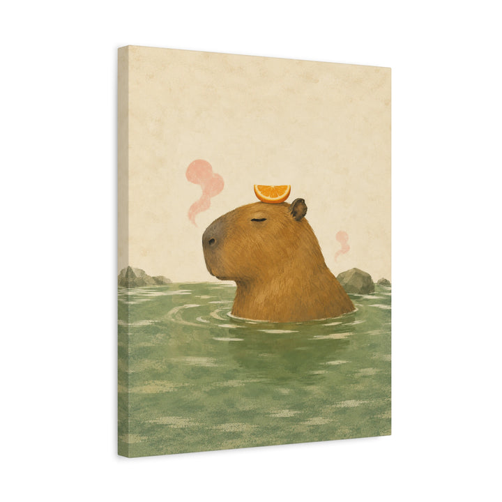Orange Slice Day – Capybara Wall Art with a Citrus Crown at the Spring – Canvas / Framed Canvas