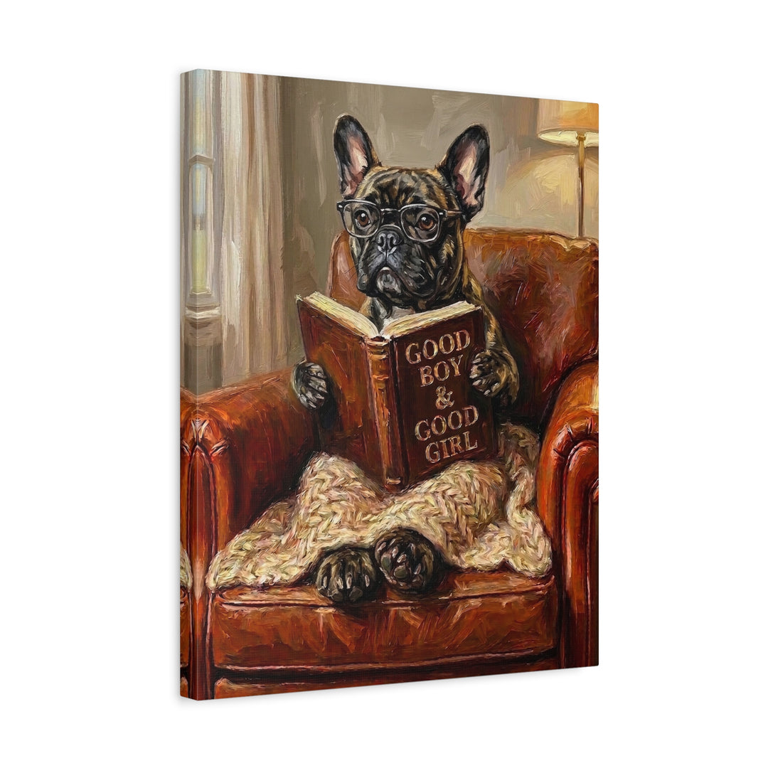 "Evening Read" - French Bulldog Vertical Canvas - Dog Lover Wall Art