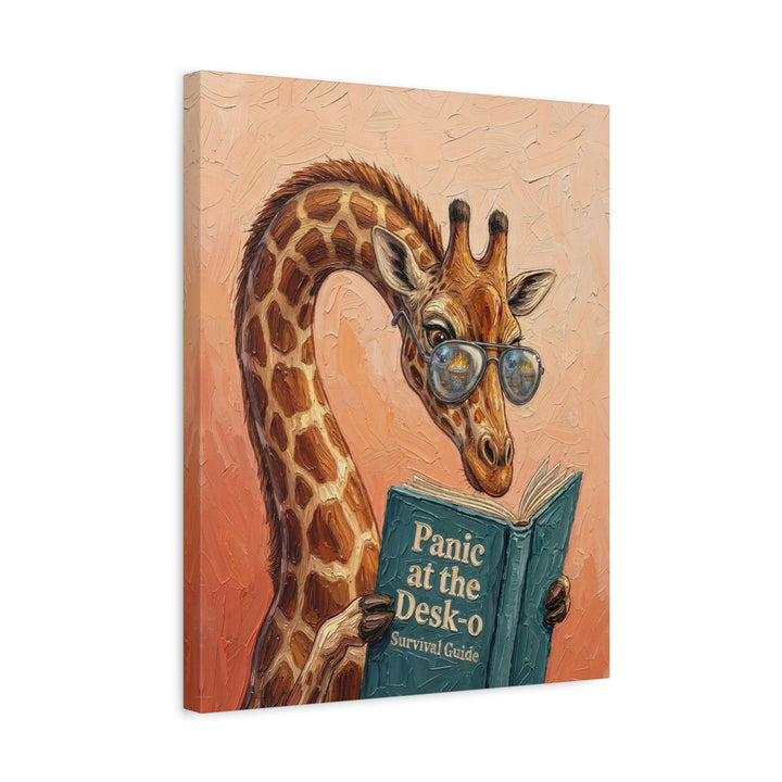"Panic at the Desk O" - Giraffe Vertical Canvas - Animal Book Humor Wall Art
