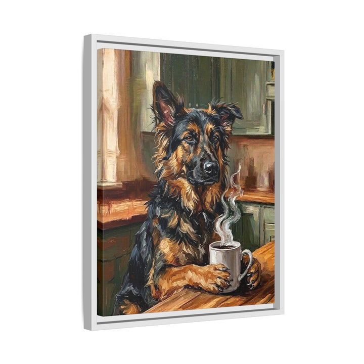 "Before Coffee" - German Shepherd Vertical Framed Canvas - Dog Lover Wall Art