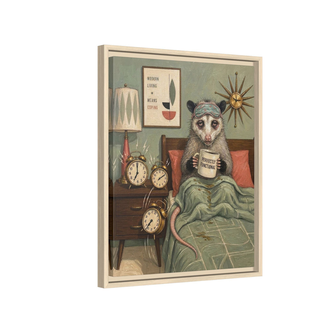 "Perfectly Functional" - Opossum Vertical Framed Canvas - Dark Burnout Humor Wall Art