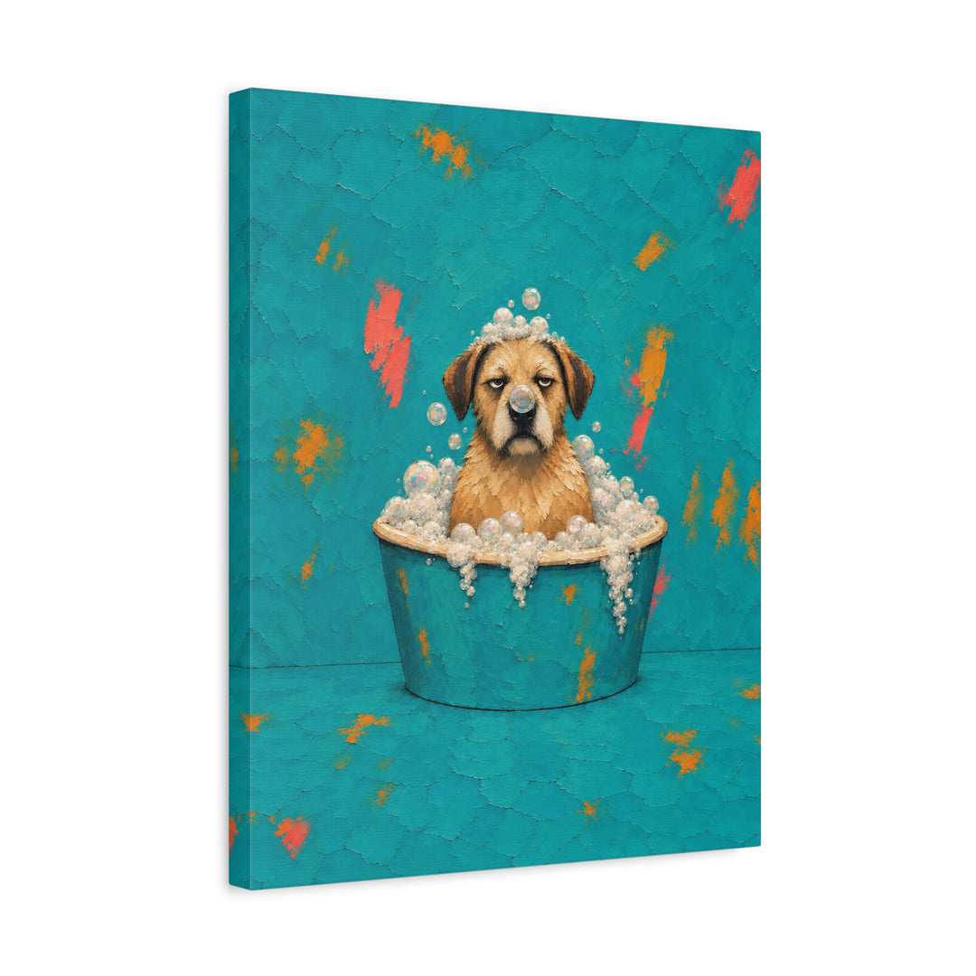 Bubble Trouble – Funny Bathroom Wall Art with a Soggy Dog in the Tub – Canvas / Framed Canvas