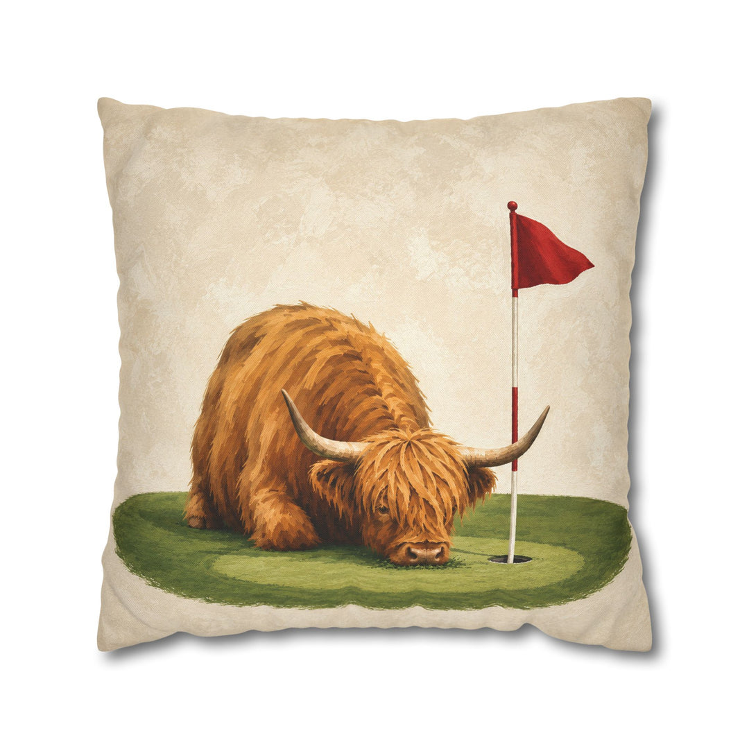 Putting Green Keeper – Golf Wall Art with a Highland Cow Grazing to Height – Pillow / Cover