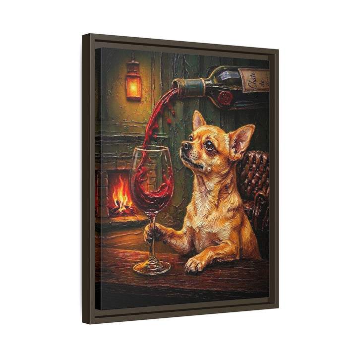 "Wine & Woof" - Chihuahua Vertical Framed Canvas - Dog Lover Wall Art