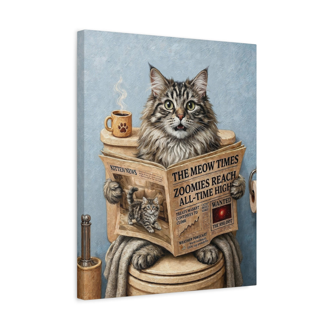 "Morning Business" - Fluffy Tabby Longhair Vertical Canvas - Cat Lover Wall Art