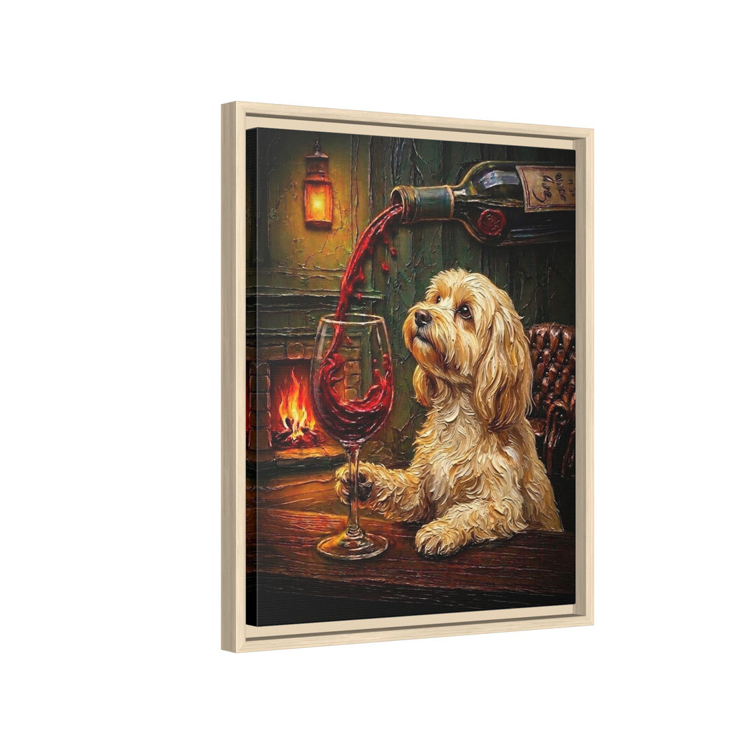 "Wine & Woof" - Havanese Vertical Framed Canvas - Dog Lover Wall Art